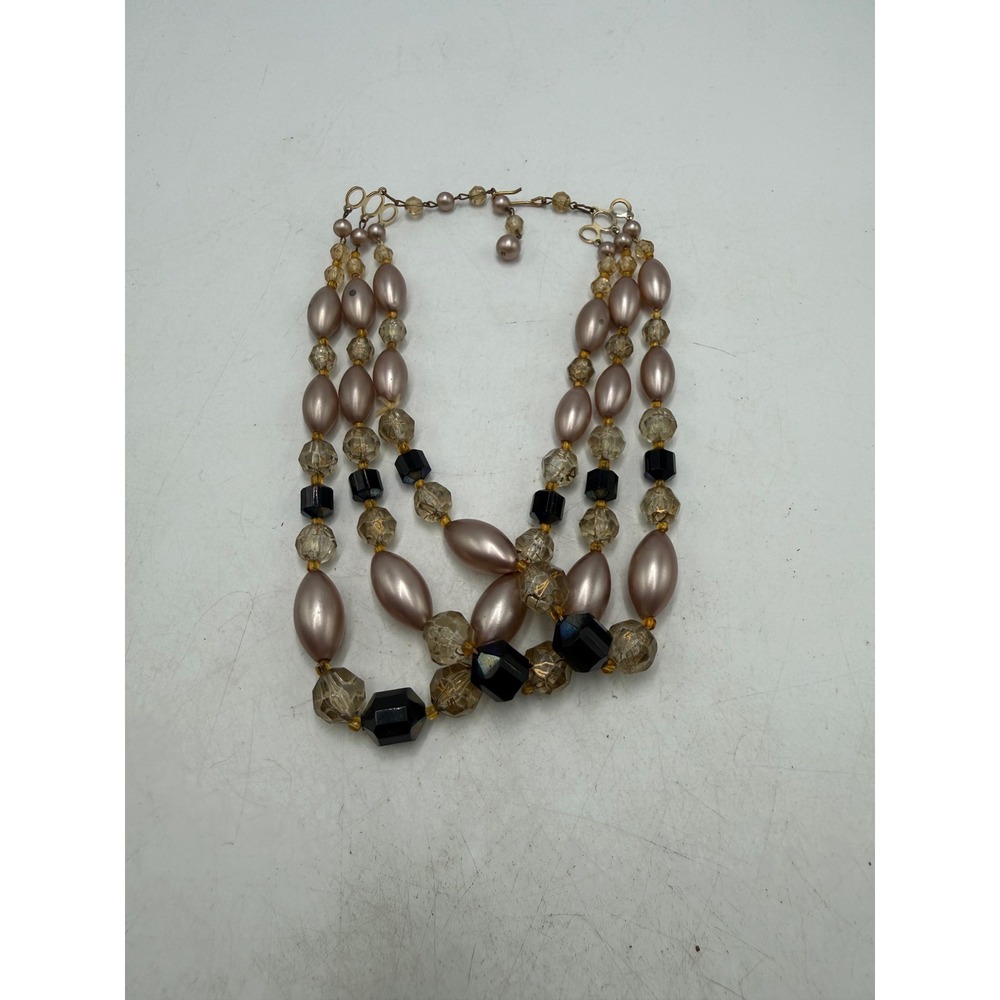 Vintage Triple Strand Beaded Necklace Champagne Faux Pearl Smoky Amber Black